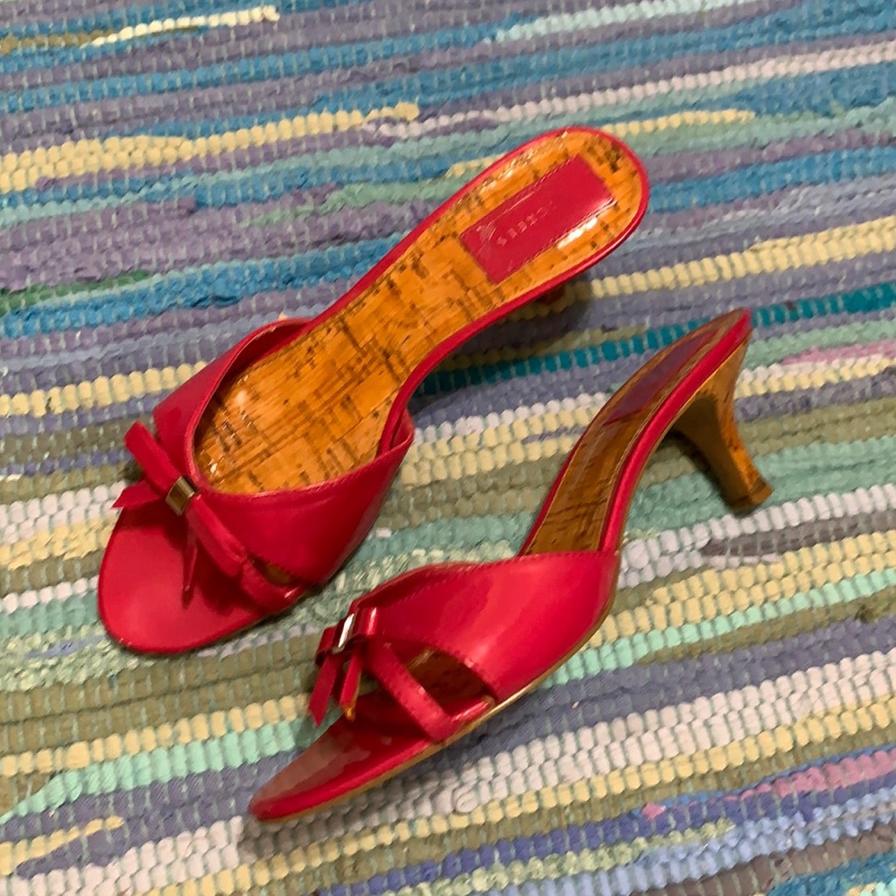 Cute pink and cork Small short heels bow patent slide sandal with heel